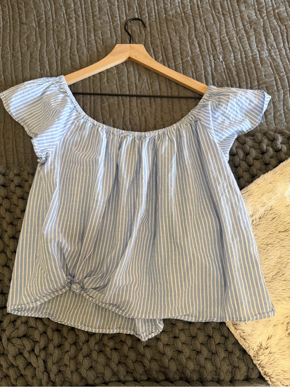 Derek Heart Light Blue & White Striped Off-Shoulder Top